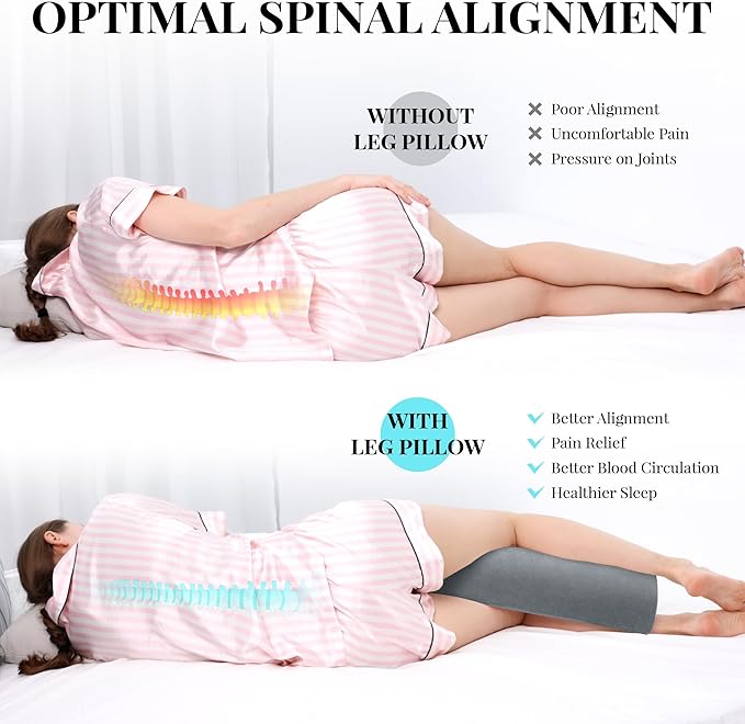 Large Knee Pillow for Side Sleepers Memory Foam Leg Pillows for Sleeping Yoga Bed Half Moon Bolster Pillow for Neck Pain Relief with Pillowcase 23.6"x8.7"x5"(Fleece Grey, Extended Size)