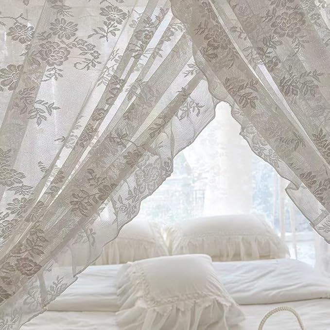 Elegant Lace Princess 4 Corner Post Mosquito Net Romantic for Girls Women Bed Curtain Canopy for Adult Wedding Bedroom Kids Rooms Decoration (Type3-Beige-White, California King)