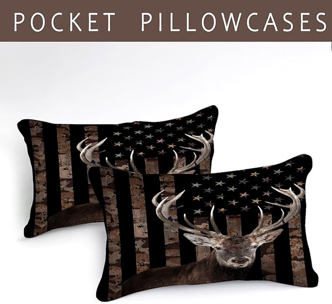 Bedbay Hunting Deer Bedding Comforter Sets King Size American Flag Camo Bedding Room Decor for Men Adults Boys Camouflage Quilt Set Stars Stripes USA Flag Down Alternative Comforter 4 Pcs(Deer,King)