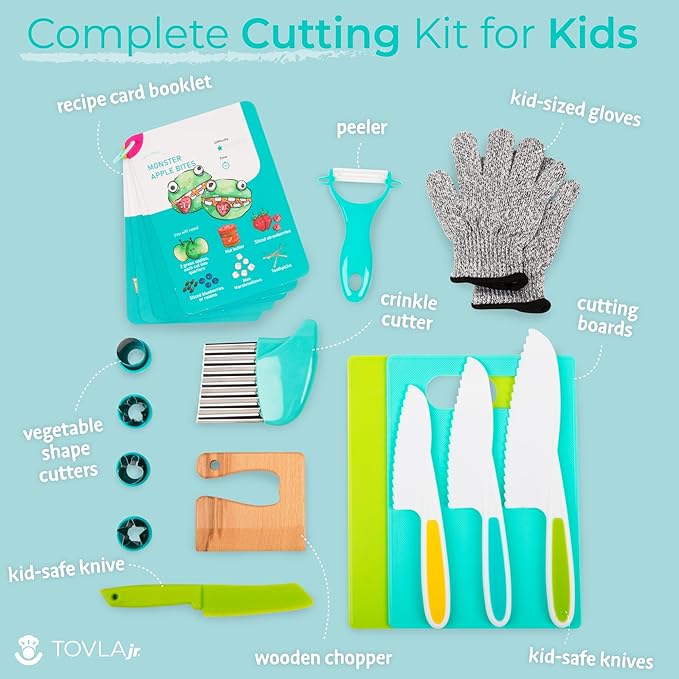 Kids Knife Set for Real Cooking - Montessori Kitchen Accessories & Visual Recipes by Tovla Jr. - Cutting Kit, Safe Knives, Cutting Board, Gloves, Peeler, Crinkle Cutter, & Recipe Booklet for Toddlers