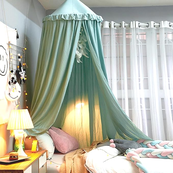 Upgrade Version of Canopy for Kids Bed, Extra Large Canopy for Girls Room Decoration Princess Castle Play Tent Hanging House, Dreamy Canopy for Children Room Reading Nook Canopies (Green Ruffle)