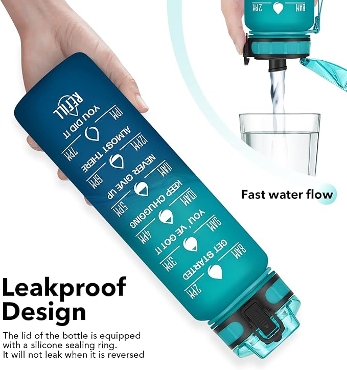 32oz Motivational Water Bottle with Time Marker & Fruit Strainer, Leak-proof BPA Free Non-Toxic Bottle with Carrying Strap, Perfect for Fitness, Gym and Outdoor Sports