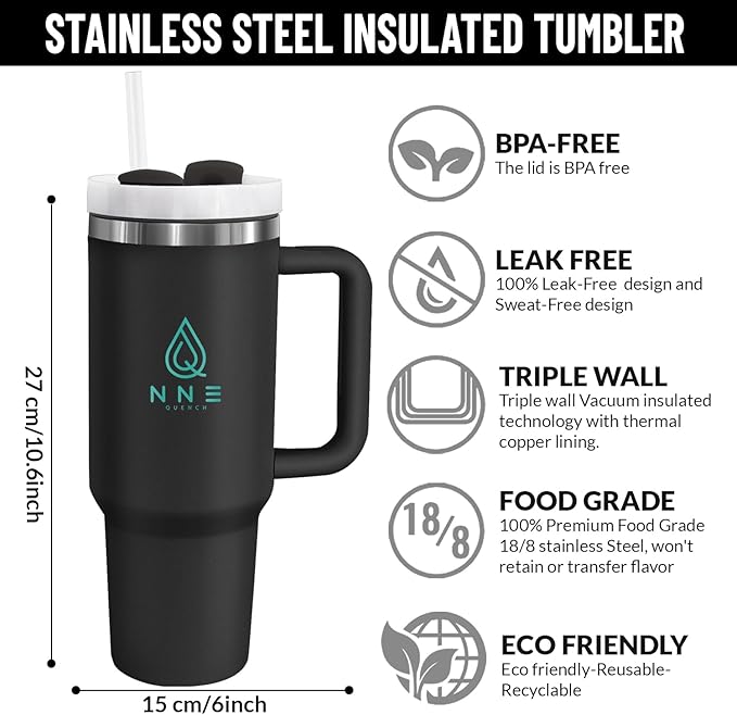 40oz stainless Steel Insulated Tumbler with Handle, lid and straw for cold water, Iced tea, or coffee - 100% Leak-Proof - Cupholder Friendly Travel Mug- Gifts for Women Men Him Her (Black)