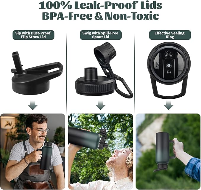 32oz Insulated Water Bottle with Handle, Stainless Steel Sports Metal Water Flask with Straw & 2 Leak Proof Lids, Double Walled Vacuum Wide Mouth Water Bottle for Travel,Camping,Gym (Dark Green Black)