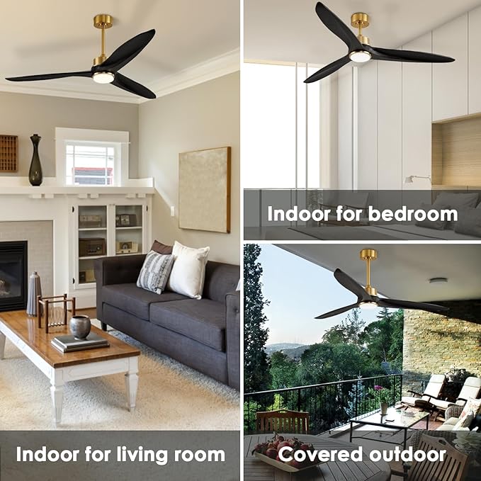 WINGBO Ceiling Fan, 60 Inch DC, 3 Wood Blades, Brass Finish, Remote Control, Reversible, LED Light, ETL Listed