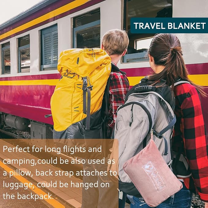 Vessia Travel Blanket for Airplane, Train and Car, Warm and Soft Travel Blanket and Pillow 2 in 1 for Adults and Kids, Portable Compact Long Flight Blanket with Luggage Sleeve, Backpack Clip(Pink)