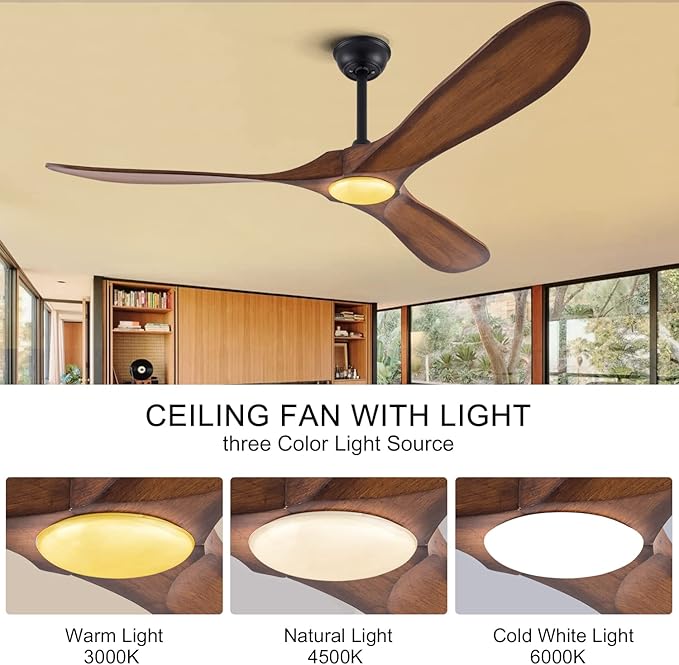 BOJUE Ceiling Fans with Lights 60 Inch Indoor Outdoor Ceiling Fan with Remote Control & 3 Wood Blade,Wood Ceiling Fan for Patio Living Room Bedroom (Light Brown Blades)