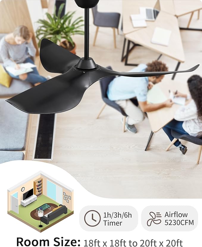 CACI Mall Ceiling Fans Without Lights - 52-Inch Flush Mount Ceiling Fan with 6 Speeds, 3 Timer Remote, Quiet Reversible DC Motor, and 5"/10"/25" Replacement Downrods (Black ABS Blades)