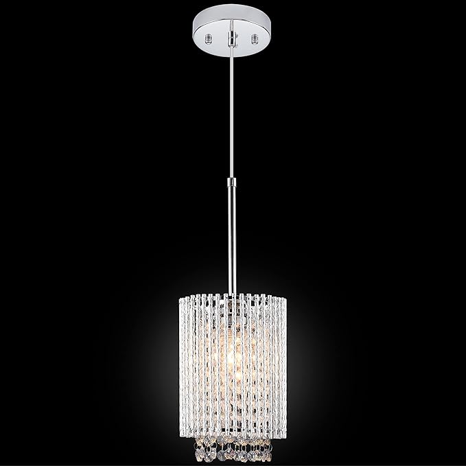 Mini Crystal Pendant Lighting 1 Light Modern Hanging Light Fixtures Small Cylinder Chrome Chandelier for Kitchen Island Dining Room