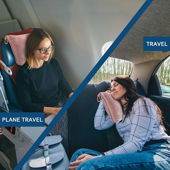 Bnuitland Travel Blanket and Pillow 2 in 1, Soft Flannel Airplane Blanket in Bag Compact-Long Flight Essential for Adults and Kids, Portable Luggage Sleeve and Backpack Clip, 65×40 inch Pink