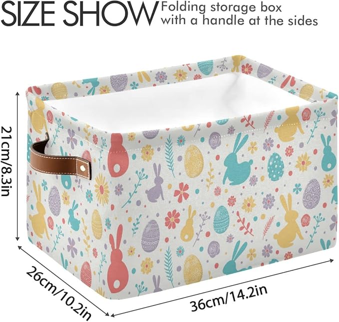 Happy Easter Day Eggs Bunny Storage Basket Fabric Laundry Baskets Easter Rabbit Peeps Spring Flowers Storage Boxes Organizer Bag for Baby Cloth Toy Book Storage Cubes Shelf Closet Bins 16×12×8 Inches