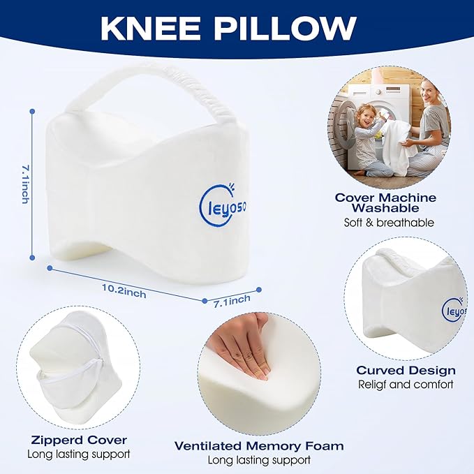 Knee Leg Pillow for Side Sleepers,Leg Pillow for Side Sleeping with Strap-100% Memory Foam Wedge Contour Spacer Cushion for Back,Hip Knee Pregnancy Sciatica Pain Relief Free Sleep Mask Ear Plugs White