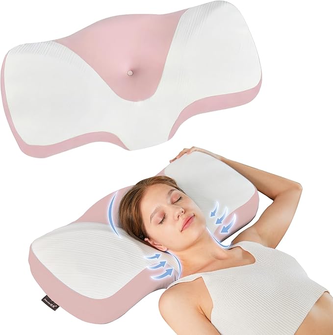 Ergonomic Contour Design Deep Sleep Pillow, Ideal for Side and Back Sleepers, Orthopedic Cervical Shape Gently Cradles The Head, Providing Neck Support and Shoulder Pain Relief [Pink]