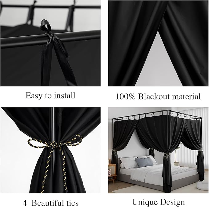 Black Canopy Bed Curtains - 4 Corner Post Bed Curtains Full Size Lightproof Drapes Bed Canopy with Top Ties and Tie Backs for Adults & Girls Bedroom Decoration(Black,Full)