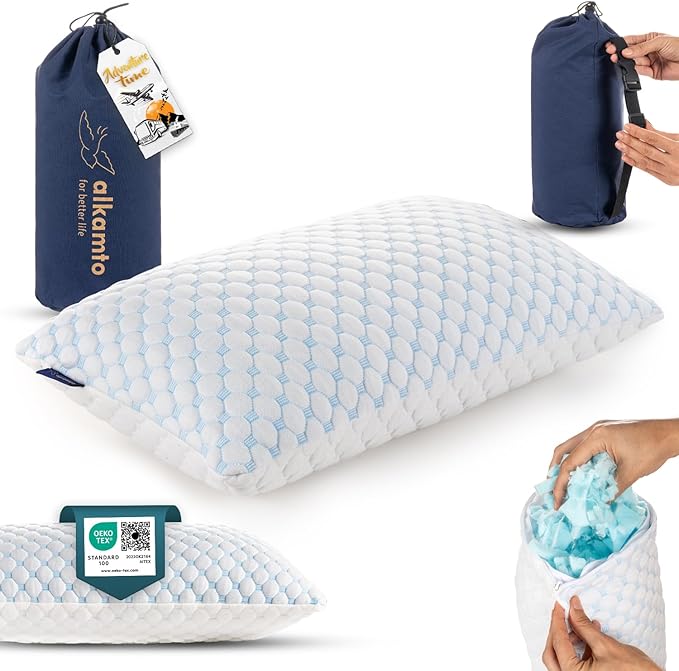 Cooling Shredded Memory Foam Pillow for Travel and Camping – Adjustable Gel for Personalized Support – Double-Sided Ice Silk & Soft Rayon – Lightweight, Compressible