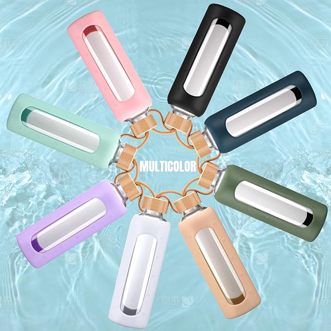 24oz Glass Water Bottle With 2 Lids-Flip Straw Lid, Bamboo Lid, Glass Water Bottle With Silicone Sleeve, Motivational Time Marker, Glass Juice Bottle for Cold Drink,Amber