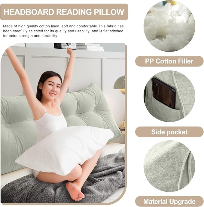 Large Triangular Headboard Pillows Long Backrest Positioning Support Bolster Cushion for Daybed Fluffy Quality Plush Body Wedge Pillow with Removable Cover(Dark grey-Queen-59x8x20in)