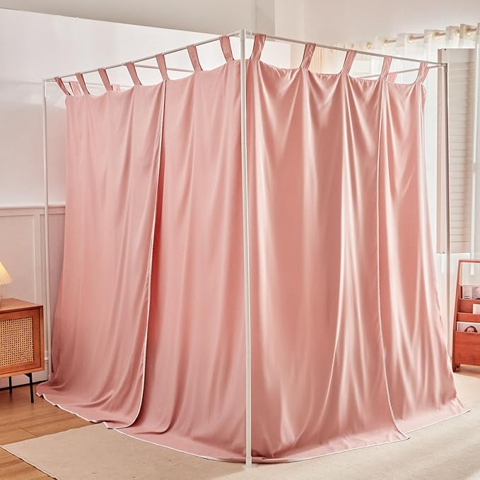 AIKASY Bean Paste Canopy Bed Curtains with Top Ties and Tie Backs for Bedroom Decoration - Queen Size Bed Curtains with Windproof and Lightproof Features
