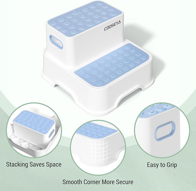 2 Step Stools for Kids,Toddler Step Stool for Bathroom Sink,No-Slip Double up Step Stool for Toddlers Bathroom, Multifunctional Toilet Step Stool for Kids,Toilet Potty Training(2 Packs)（Blue）