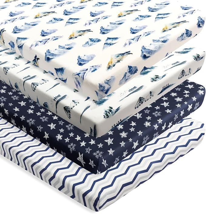 4 Pack Fitted Pack N Play Sheets for Baby Boys Neutral Unisex Breathable Soft Toddler Mini Crib Sheets for Pack and Play Mattress (Mountain)