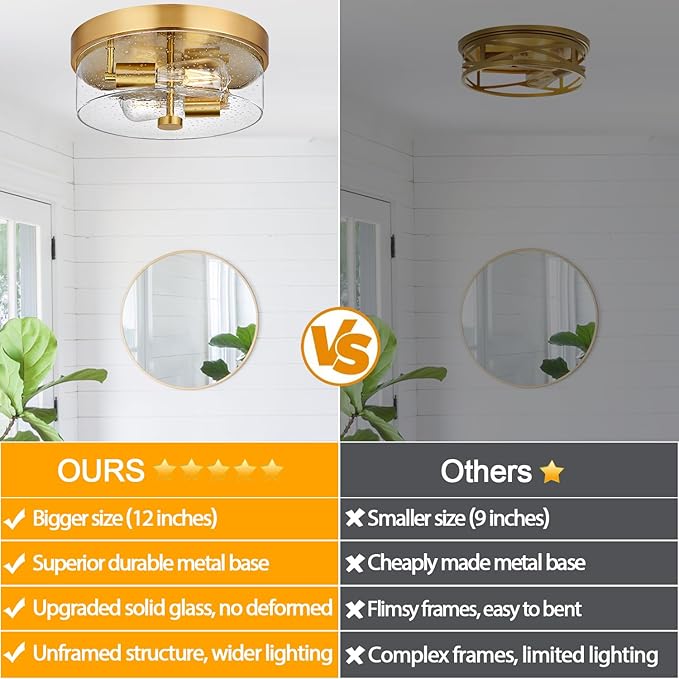 Flush Mount Ceiling Light Fixtures, 2-Light Gold Ceiling Mount for Farmhouse with Seeded Glass Lampshade, Industrial Flush Mount Light Fixture Farmhouse for Hallway, Kitchen, Entryway and Foyer