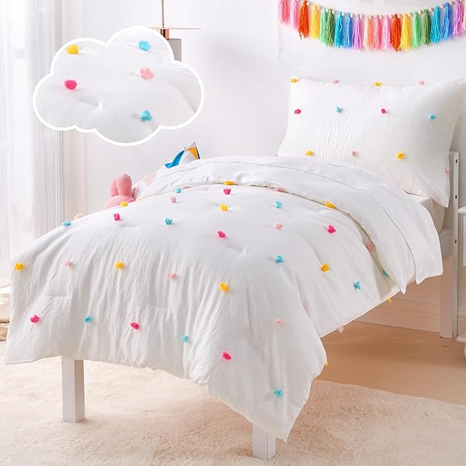 4 Piece White Boho Toddler Bedding Sets for Girls Colorful Pom Pom Comforter Set Jacquard Tufted Dot Crib Bed Sheets Set for Baby Bed in a Bag, Include Comforter, Flat Sheet, Fitted Sheet, Pillowcase