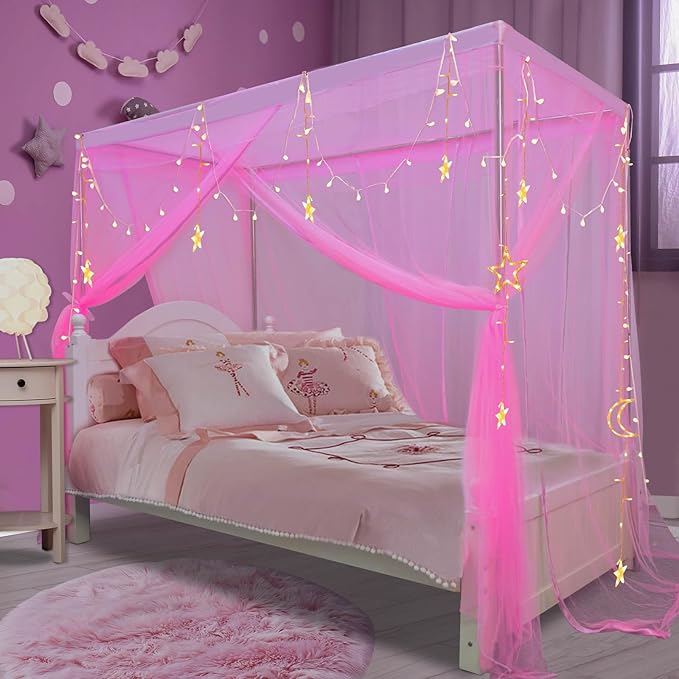 tupi Canopy Bed Curtains -Twin Bed Canopy for Girls, Pink Girls Canopy for Twin Bed, Princess Bed Drapes Polyester Netting - 4 Corner Bed Curtain Bedroom Decor, 79"L x 39'' W x 75"H, Easy to Install
