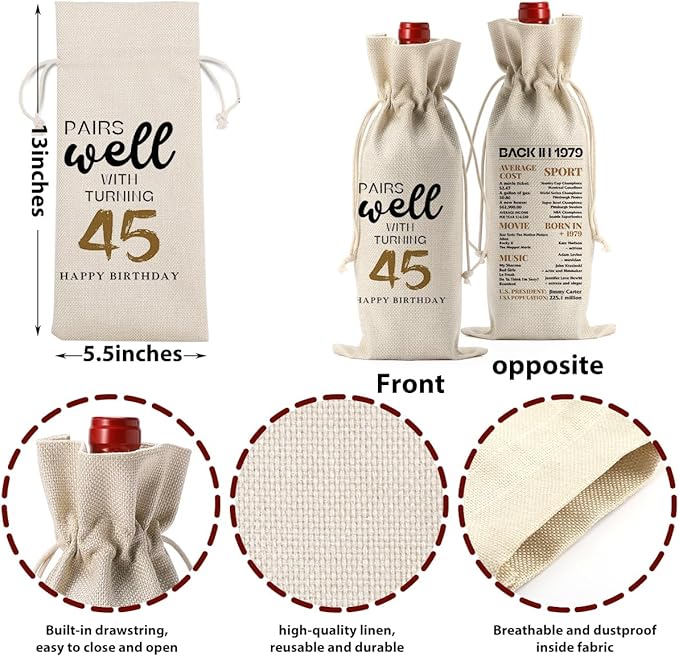 45th Birthday Gifts for Women Men, Gifts for 45 Year Old Woman Mom Dad Friend Wine Gift Bag, Wine Accessories Gifts Anniversary 45th Birthday Decorations Wine Bag Wine Bags for Wine Bottles Gifts
