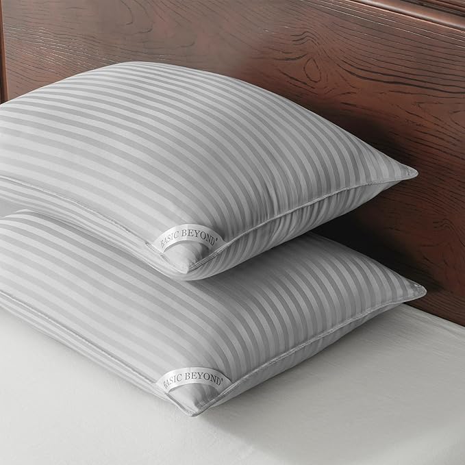 Basic Beyond Pillows Queen Size Set of 2 - Down Alternative Pillows for Sleeping, Soft Queen Pillows Set of 2 for Back, Stomach or Side Sleepers, Silver, 20x28 Inches