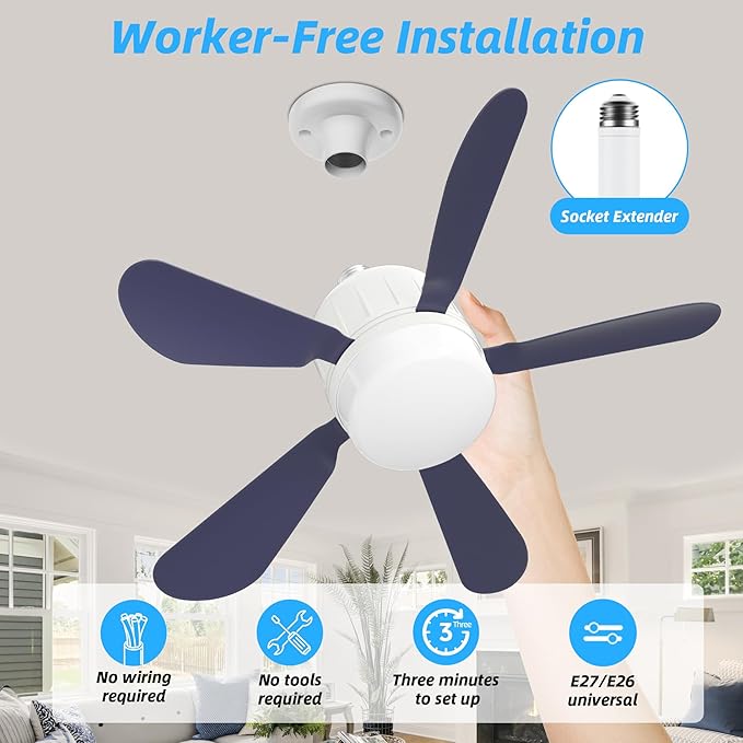 Socket Ceiling Fan Light with Remote: Ceiling Fans with Lights APP Control 3-Speeds 18in Screw in Light Socket Dimmable LED Silent E26/E27 Bulb Socket Small Fans for Bedroom Kitchen Bathroom Garage