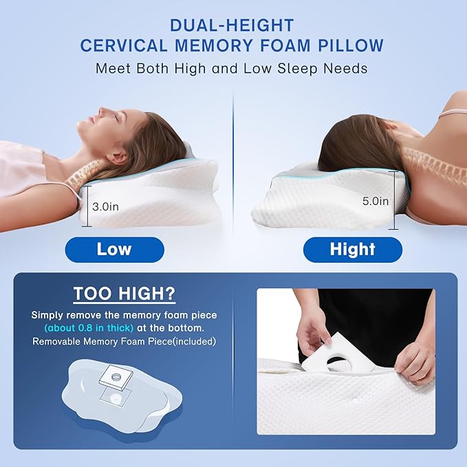 Cervical Neck Pillow for Sleeping, Height Adjustable Ergonomic Pillow Cozy Sleeping, Medium-Firm Memory Foam Pillows, Contour Bed Pillow for Side Back Stomach Sleepers, Light Grey (Queen Size)