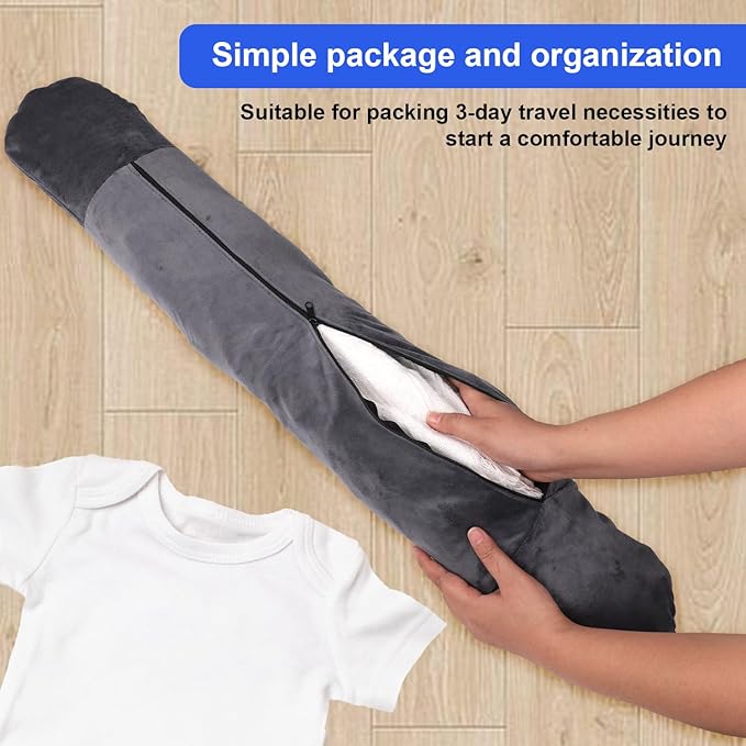 Travel Pillow Stuffable with Clothes, 7.3x31.5in Soft Plush Extra Luggage Airplane Fillable Storage Bag Transformable Neck Body Case Cover, Only Travel Pillowcase, No Filler (Gray)