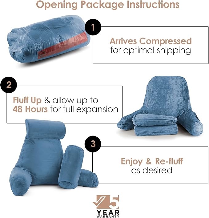 Nestl Reading Pillow Large Bed Pillow, Back Pillow for Sitting in Bed Shredded Memory Foam Chair Pillow, Reading & Bed Rest Pillows Blue Heaven Back Pillow for Bed, Bed Chair Arm Pillow with Pockets