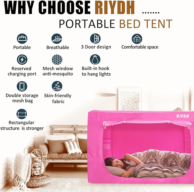 Bed Tent Queen Bed Canopy Tents - Portable Dream Tent for Kids and Adult Indoor Sleeping Tents 70% Blackout with 3 Doors Breathable Private Space Tents