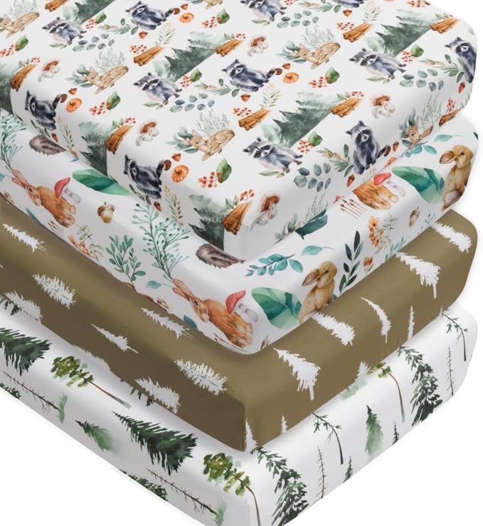 4 Pack Woodland Forest Animals Wood Neutral Unisex Fitted Baby Crib Sheets Set for Baby Boys or Girls (Raccoon, 52 * 28)