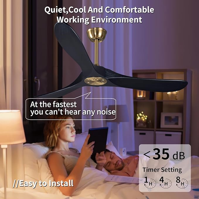 Bigzone 52" Black and Gold Ceiling Fan With Remote Control, DC Motor Quiet Energy Saving,3 Balsa Wood Blades,Outdoor/Indoor Ceiling Fan no light With Reversible Blades