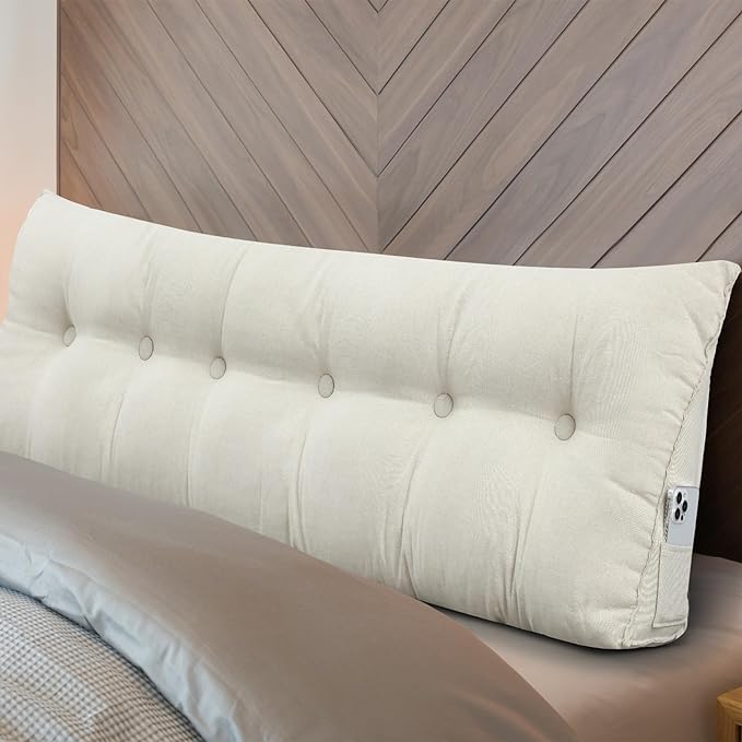 Wenqik Wedge Pillow Triangular Dorm Headboard Bed Rest Reading Backrest Back Support Long Bolster Pillow with Removable Cover for Dorm Room Supplies(Beige,King (79 x 20 x 8 Inch))