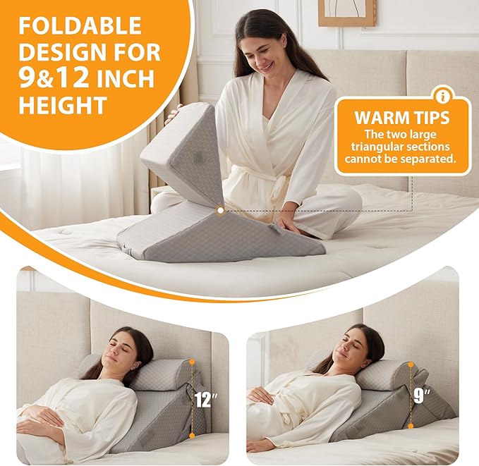 3PCS Orthopedic Bed Wedge Pillow Set for Sleeping, Wedge Pillow for Back Pain Relief, 10-in-1 Adjustable Bed Wedge Pillow Post Surgery, Triangle Pillow for Acid Reflux Snoring Gerd, Grey