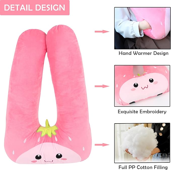 Kids Travel Pillow for Car Seat with Hand Muff, Cartoon Neck & Headrest Seat Belt Pillow for Car Road Trips Long-Distance Travel Sleeping Pillow for Adults and Children, Strawberry