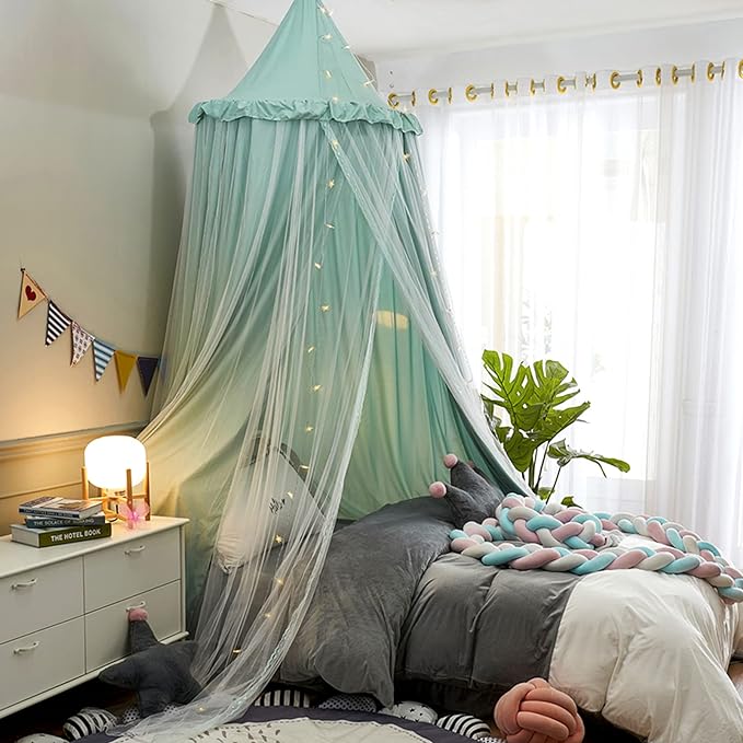 VETHIN Bed Canopy for Kids with Lights,Double Layer Princess Round Dome Children Dreamy Mosquito Net Bedding Girls Room Castle Play Tent Hanging House Decor Reading Nook Canopies(Green/White)