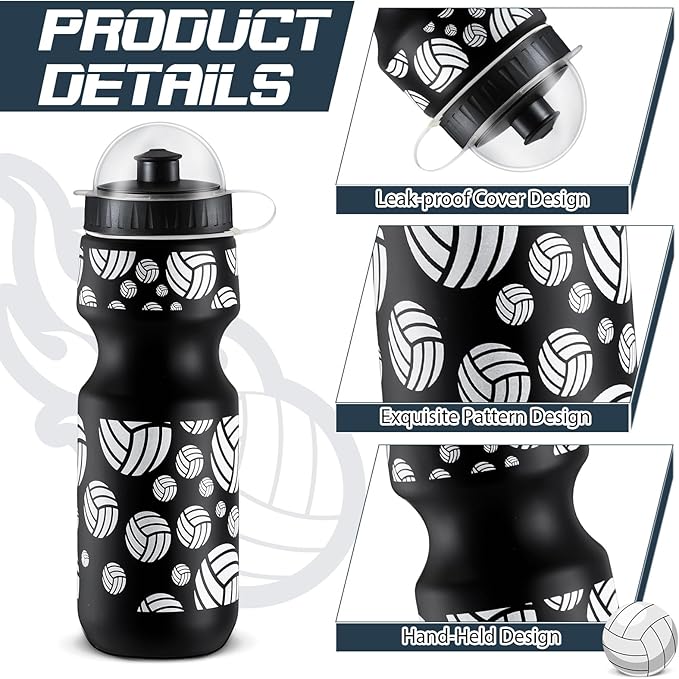 24 Pcs 24 oz Volleyball Water Bottle Bulk and Drawstring Bag Set 12 Reusable Plastic Biking Water Bottle Tumbler 12 Sport Gym Goodie Gift Bag for Party Favor (Black)
