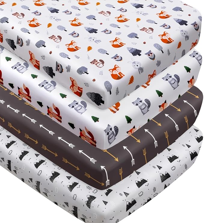 4 Pack Woodland Forest Animals Wood Neutral Unisex Fitted Baby Crib Sheets Set for Baby Boys or Girls Fox
