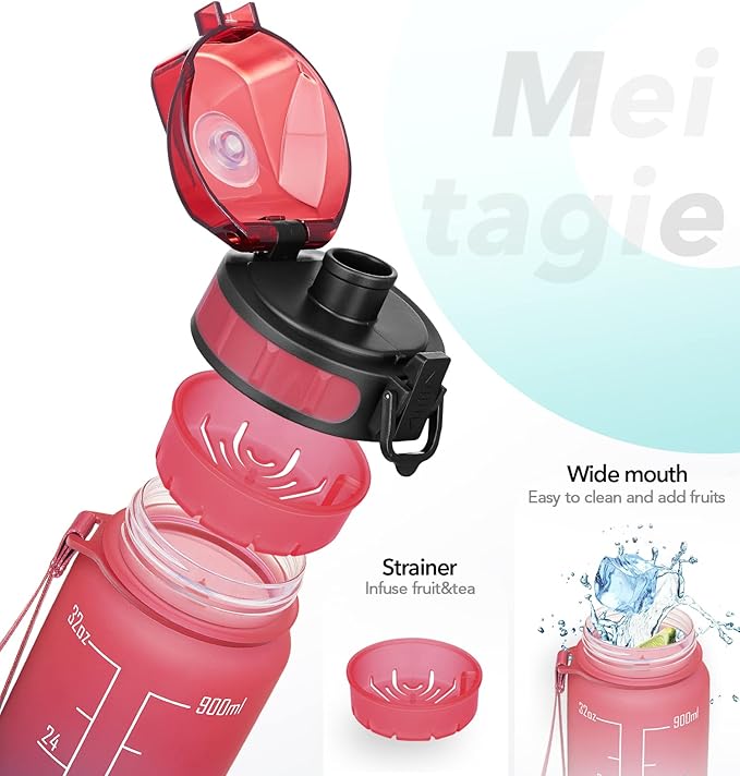 32oz Motivational Water Bottle with Time Marker & Fruit Strainer, Leak-proof BPA Free Non-Toxic Bottle with Carrying Strap, Perfect for Fitness, Gym and Outdoor Sports