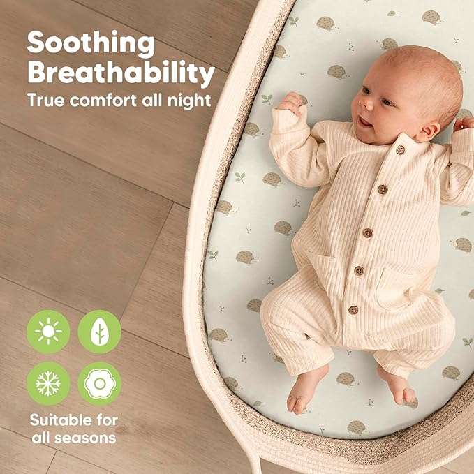 2-Pack Organic Bassinet Sheets for Girls, Boys-100% Cotton Bassinet Mattress Sheets Compatible with Halo Bassinest Swivel Sleeper,Graco,Baby Delight,Chicco,Unisex Fitted Bassinet Sheets (Nibble/Bruce)