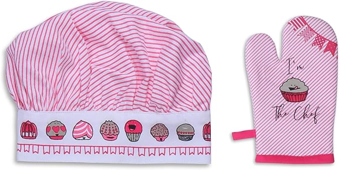 AMOUR INFINI Cupcakes Baking 3-Piece Kitchen Set Cotton Kid's Aprons, Oven Mitts, and Chef Hats Kitchen Play,Cooking,Grilling,Baking Gift for Girls, Boys & Junior Chefs Heat Resistant Reusable