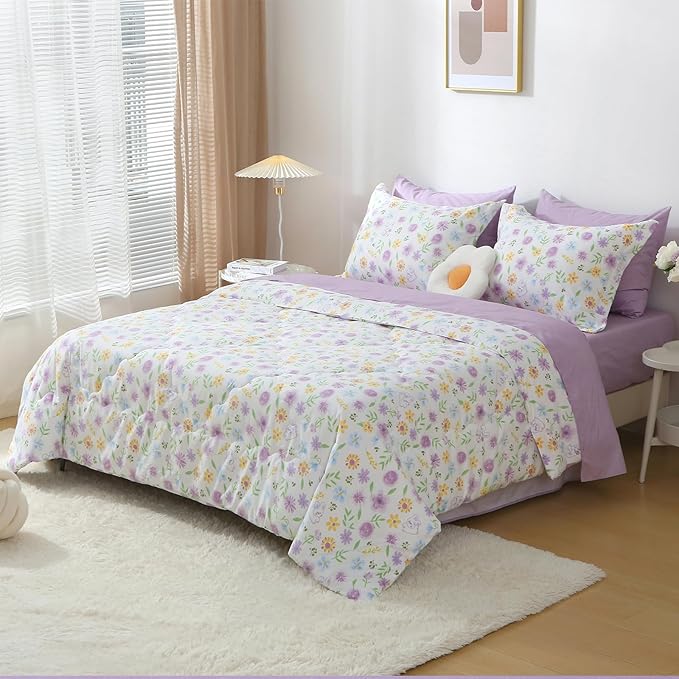 Wajade Floral Comforter Set Bed in A Bag Queen Size 7 Piece Purple Flower Green Leaves Rabbits Bedding Set for Girls (1 Comforter, 1 Flat Sheet, 1 Fitted Sheet, 2 Pillowcase and 2 Pillow Sham)