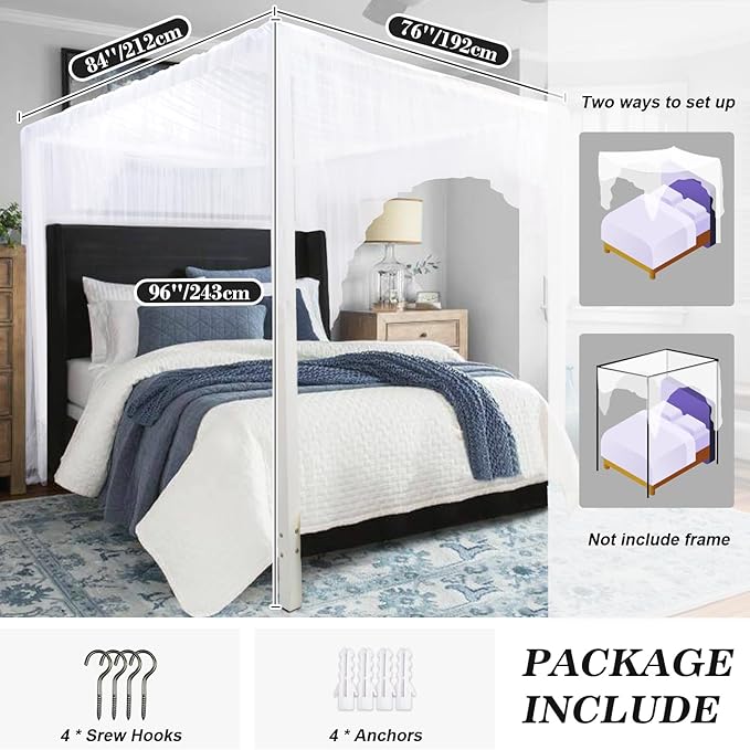 tupi White Canopy Bed Curtains for King/Queen/Full Size, 4 Corner Bed Canopy, Elegant Bed Drapes Bedroom Decor, Ultra Ripstop Polyester, Easy Installation