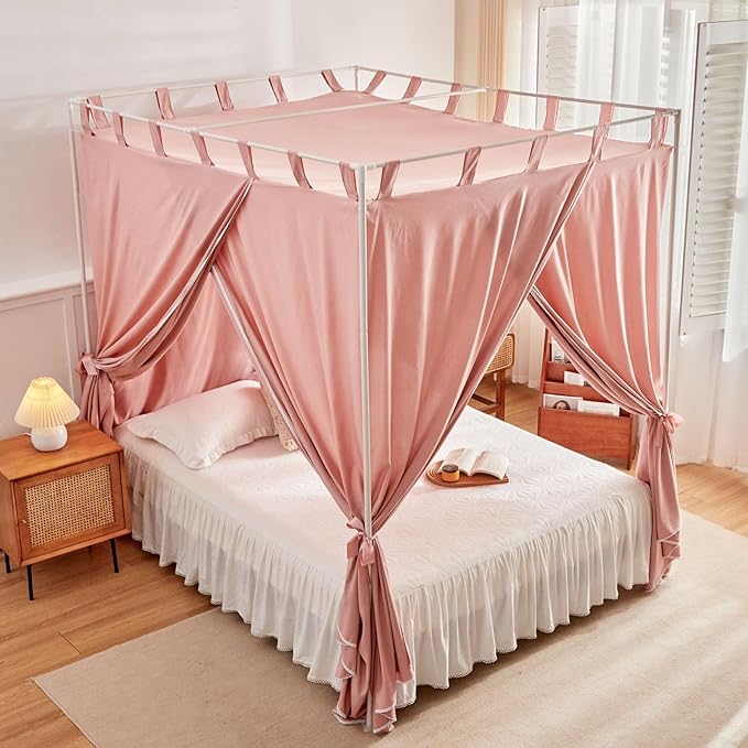 AIKASY Bean Paste Canopy Bed Curtains with Top Ties and Tie Backs for Bedroom Decoration - Queen Size Bed Curtains with Windproof and Lightproof Features