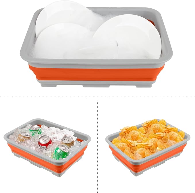 Set of 2 Multipurpose Wash Bins – 10-Liter Basins for Travel or Cleaning – Collapsible Bucket Camping Accessories by Wakeman (Orange)