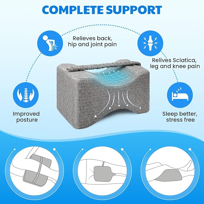 Memory Foam Knee Pillow, Leg Pillow for Side Sleeping, Contour Support Ergonomic Knee Pillow with Cover and Strap, for Side Sleepers, Spine Alignment, Hip, Back and Joint Pain Relief